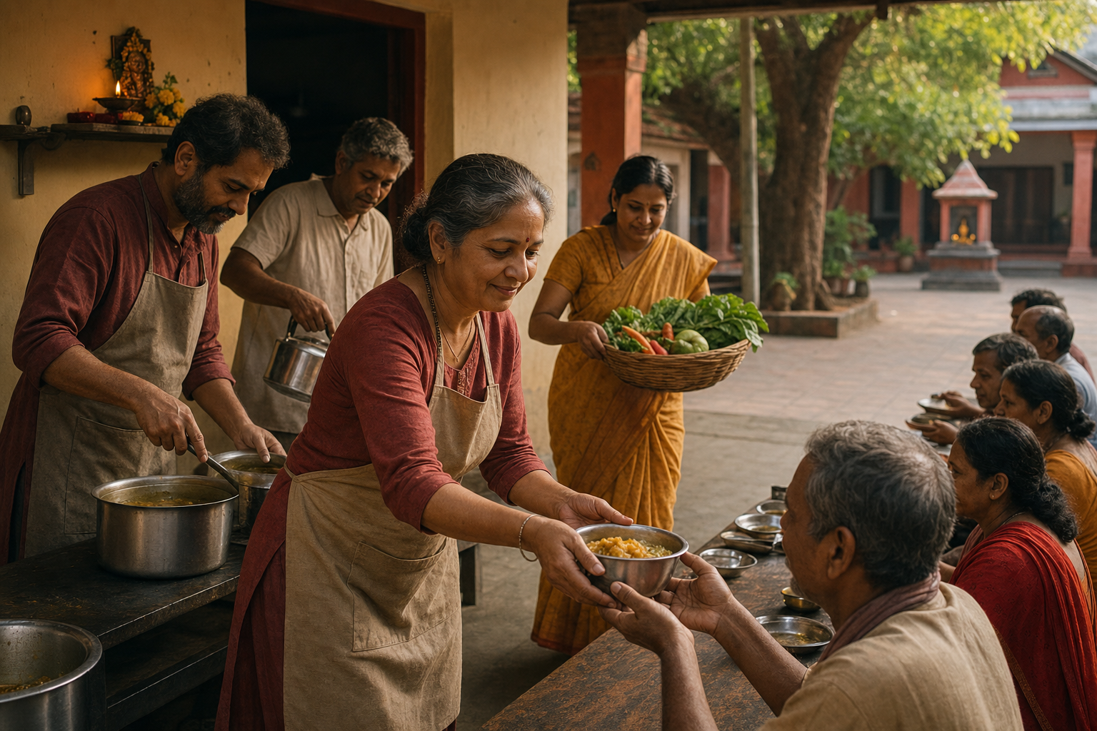 Volunteers serve a simple meal and water to guests in a community kitchen beside a quiet temple courtyard.