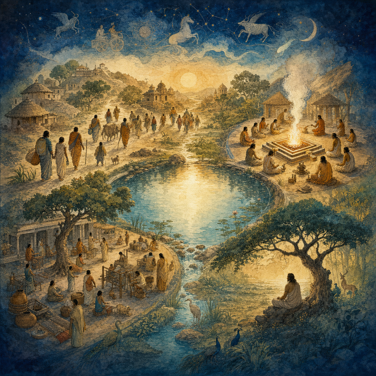 A continuous landscape combines travelers, a fire ritual, earthly and celestial beings, a shared courtyard and a person meditating beneath a tree.