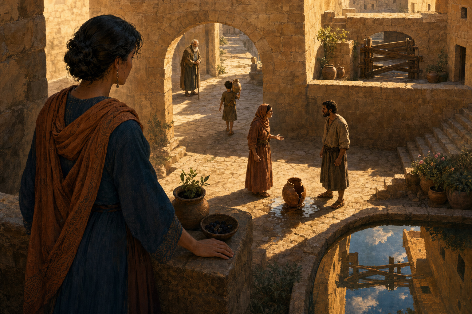 A woman surveys a courtyard dispute from a terrace while an archway, reflection, and balcony reveal additional people and circumstances around it.