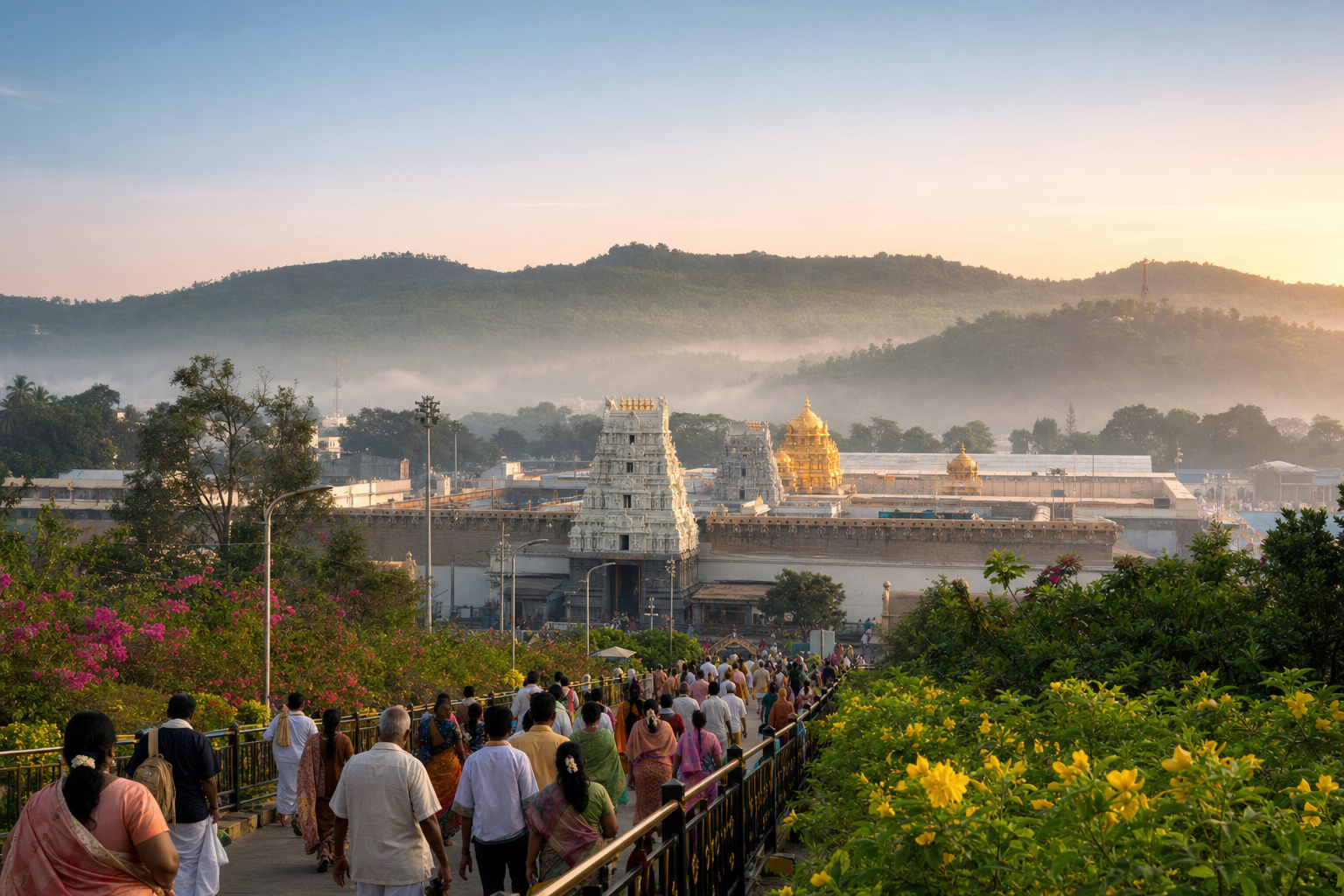 Pilgrims approach the Tirumala temple complex through the green Seshachalam hills at sunrise.