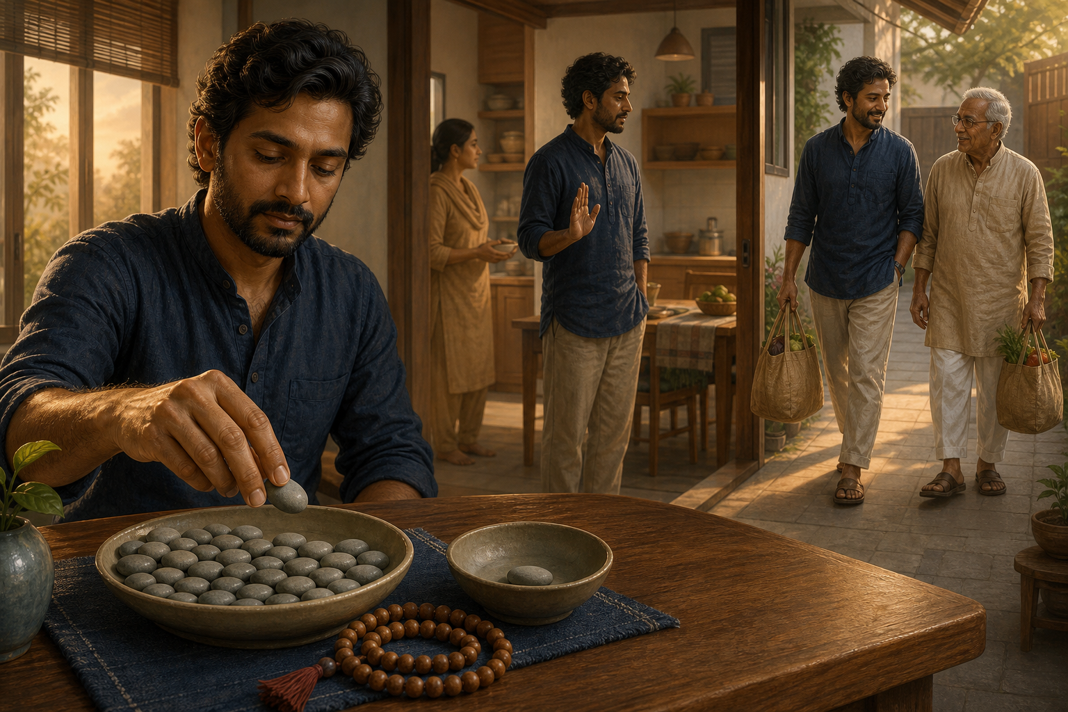 A mala and forty unmarked pebbles sit in a home practice space, with background scenes of meditation, a household conversation, and helping a neighbor.