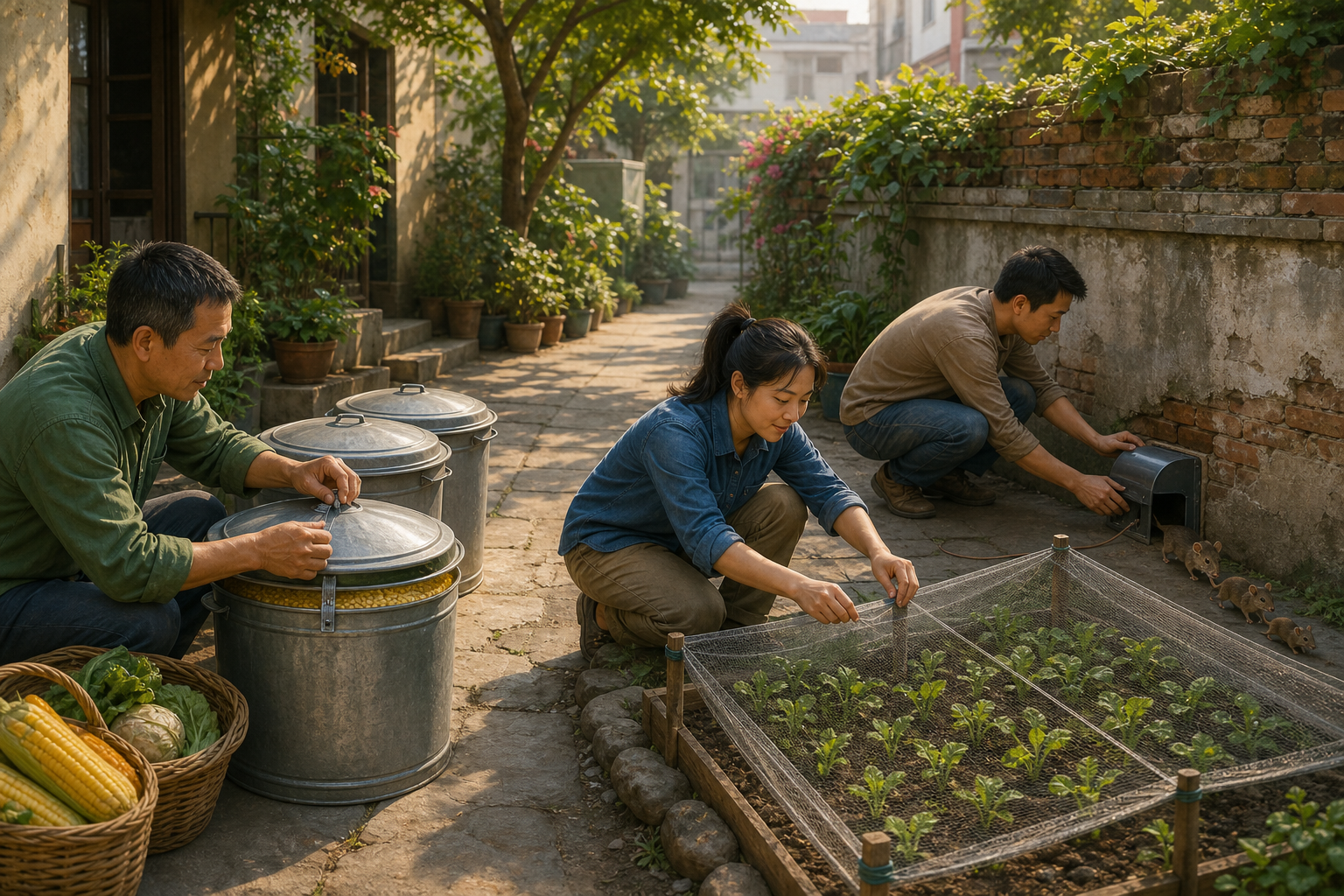 Neighbors secure grain, cover seedlings, seal food scraps, and provide a one-way exit that lets small animals leave a courtyard unharmed.