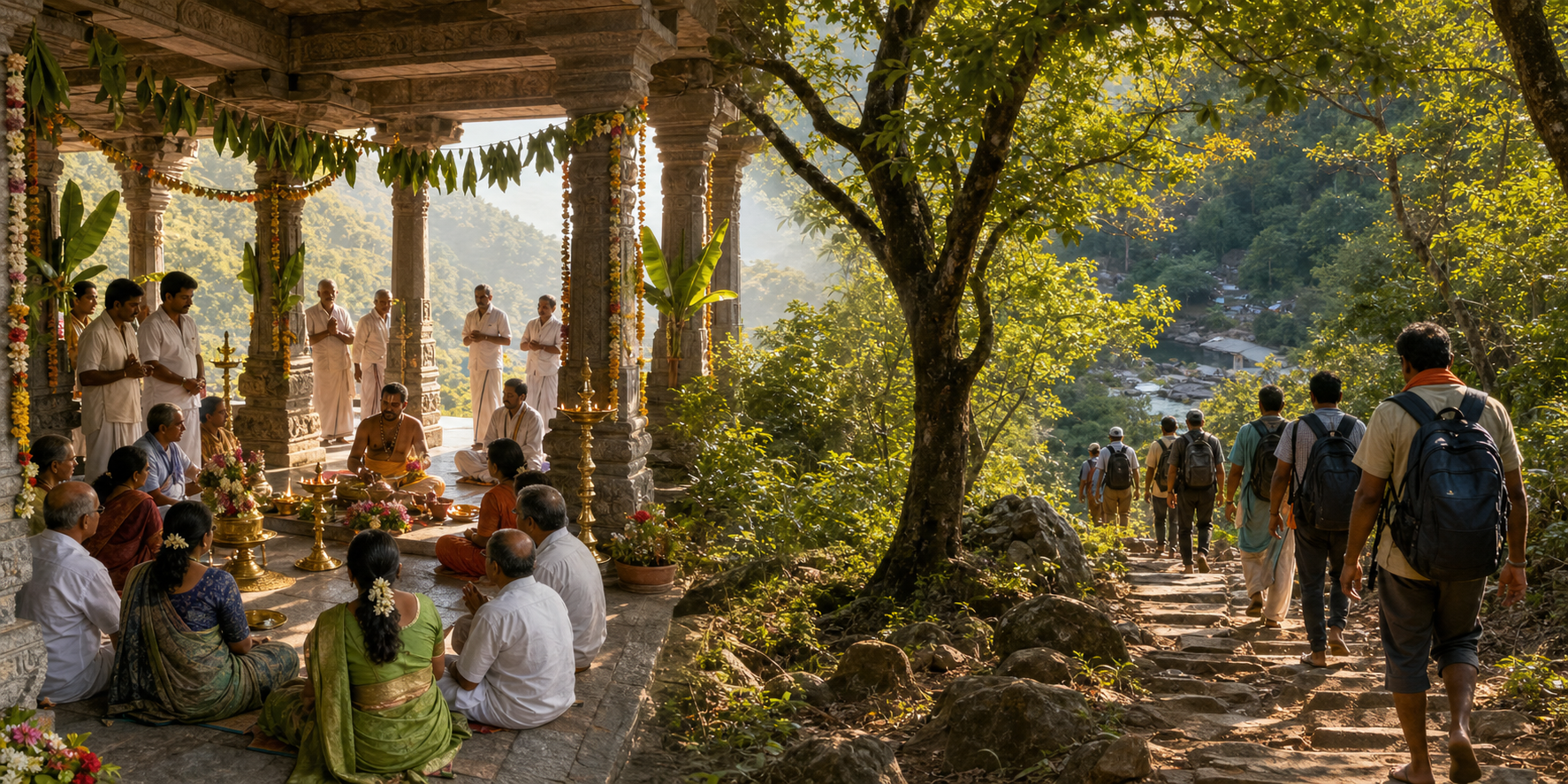 A temple mandapam worship ceremony and pilgrims walking a rugged forest trail in the Tirumala hills are shown side by side.