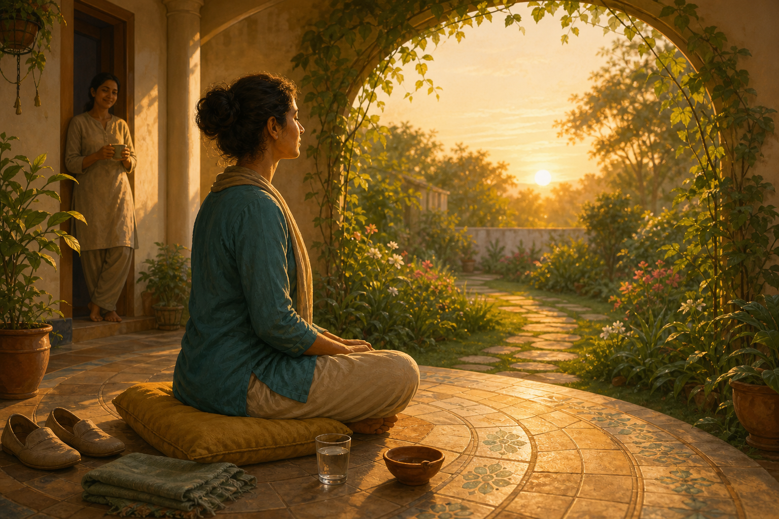A person sits calmly on a cushion at sunrise beside a glass of water and an open garden path prepared for a brief daily practice.