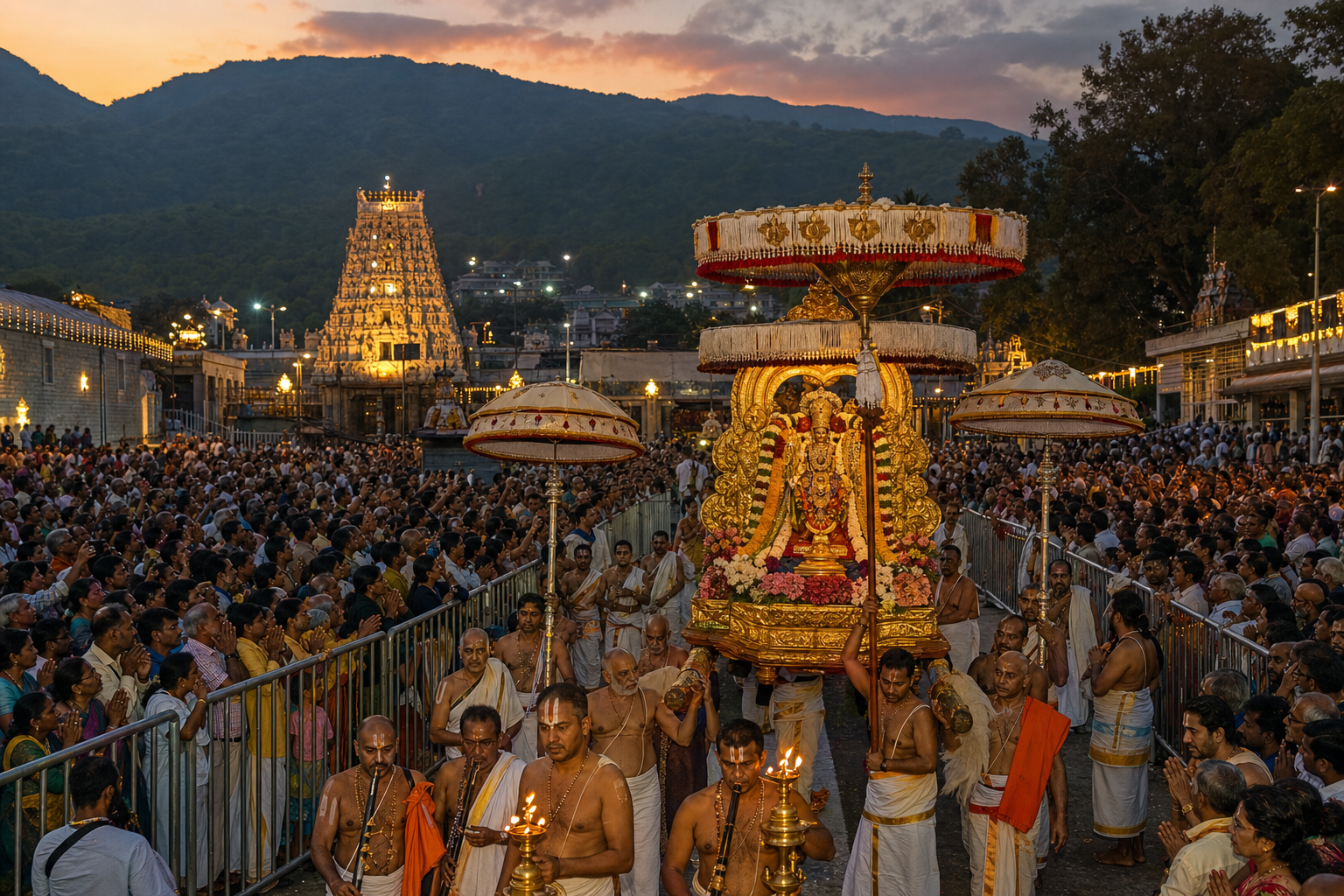 An illuminated temple procession with priests, musicians, ceremonial umbrellas, and devotees near a South Indian gopuram at dusk in the Tirupati region.