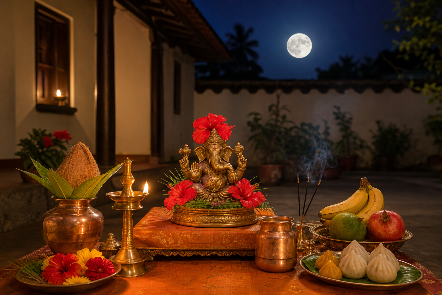 A home altar for Shri Ganesha with flowers, durva grass, lamps, fruit, modaks, and an arghya vessel beneath the evening moon.