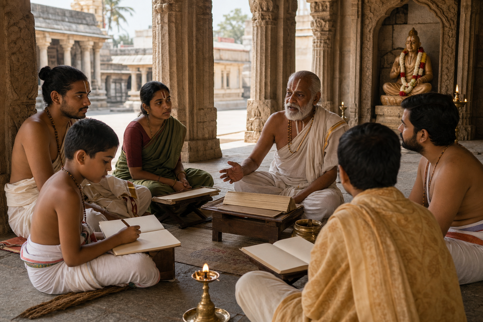 Pilgrims study with a traditional teacher in a stone cloister near a flower-adorned representation of Sri Ramanujacharya.