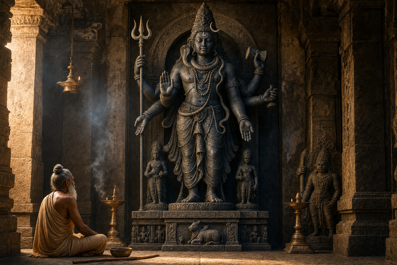 A multi-armed Shaiva deity carved in a temple niche towers above a seated human ascetic with a staff and begging bowl.