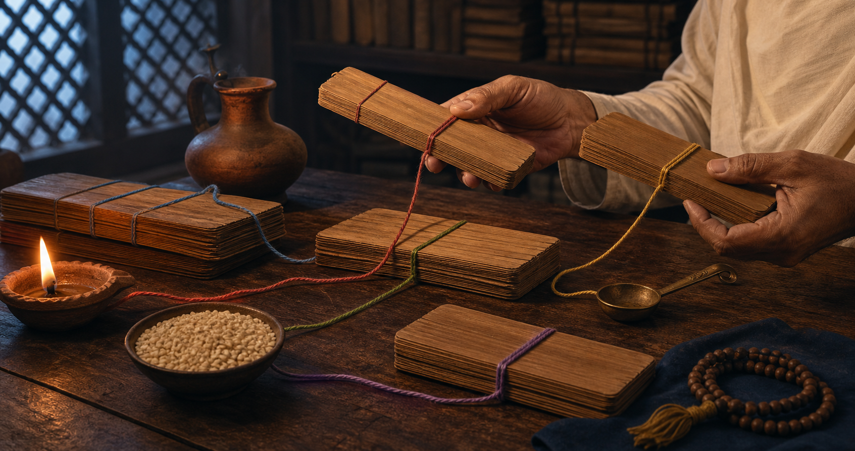 A scholar's hands compare palm-leaf folio bundles on a desk surrounded by ritual, household and contemplative objects.