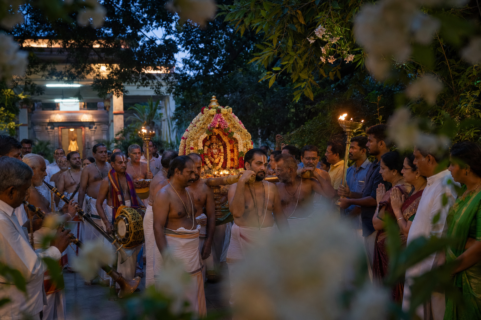 Devotees stand close to a flower-covered palanquin during a quiet garden procession in Tirupati at twilight.