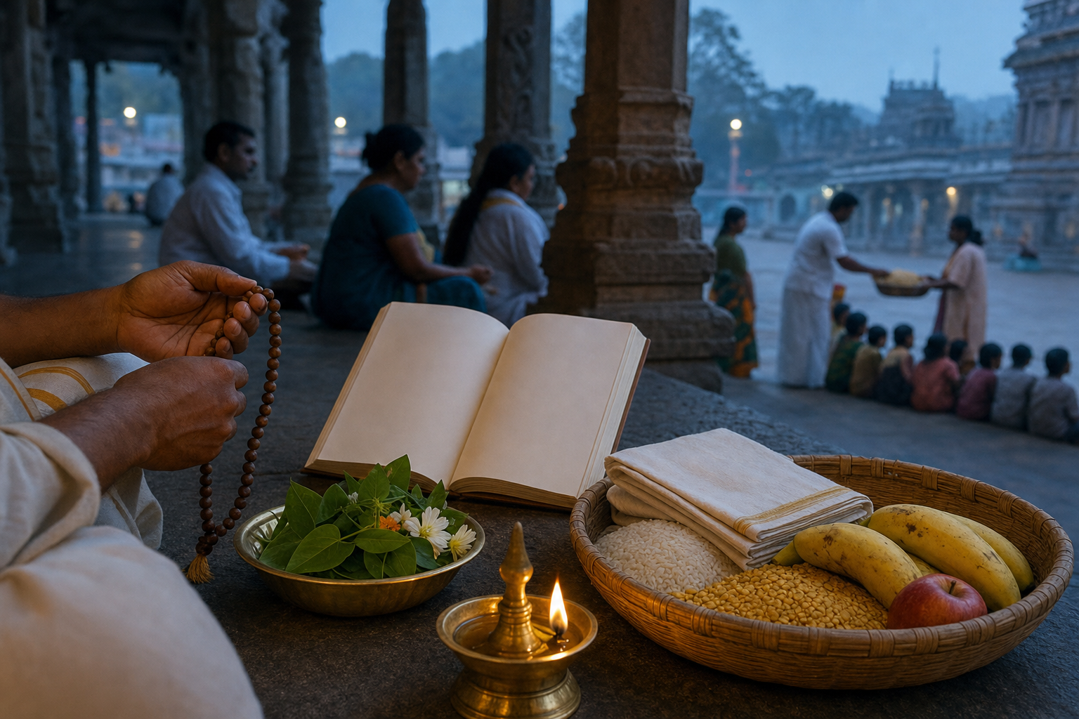 Prayer beads, a brass lamp, flowers, an open book, and food prepared for charity accompany pilgrims praying in a temple courtyard.