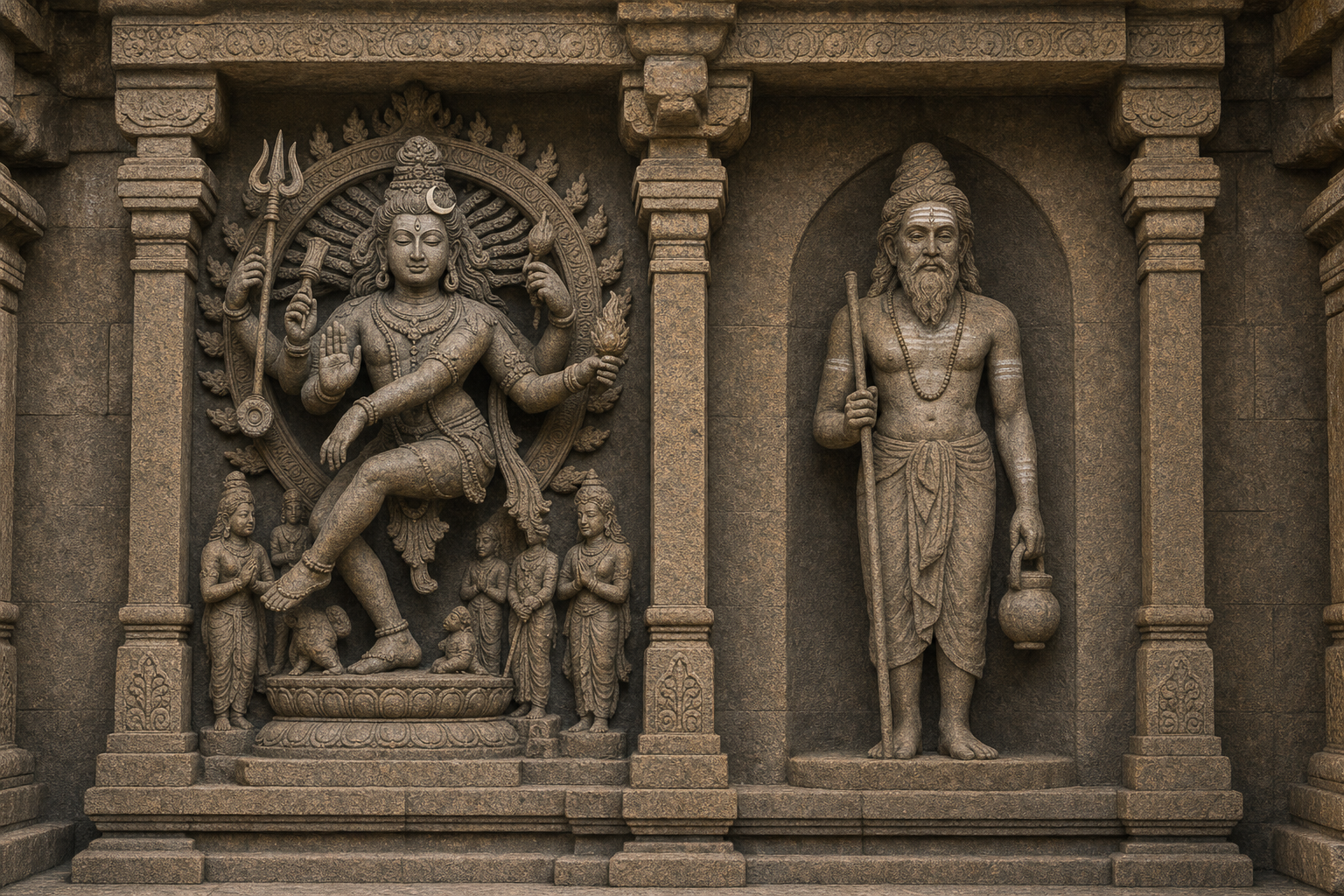 Two adjacent temple niches show a multi-armed divine figure with attendants and a single-bodied human ascetic with a staff and vessel.