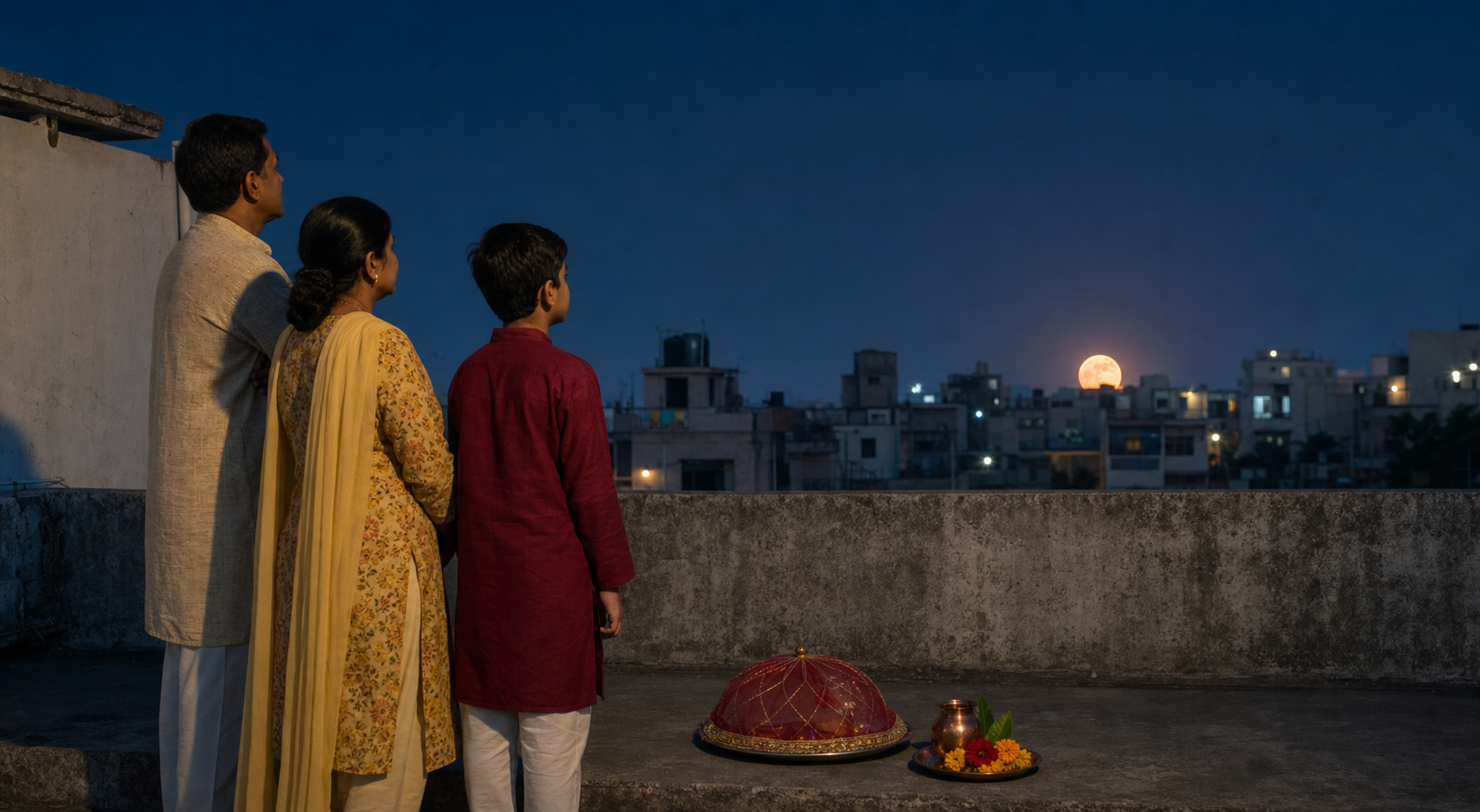 A family watches the moon rise over a local city horizon beside a prepared puja plate and copper water vessel.