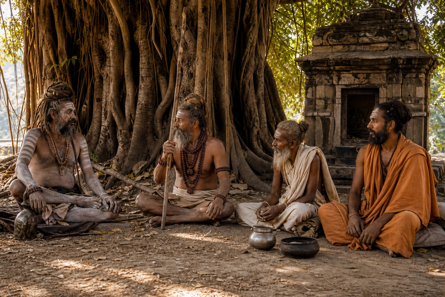 Four Shaiva ascetics beneath a banyan tree display varied combinations of matted hair, ash, beads, staffs, bowls, and simple garments.