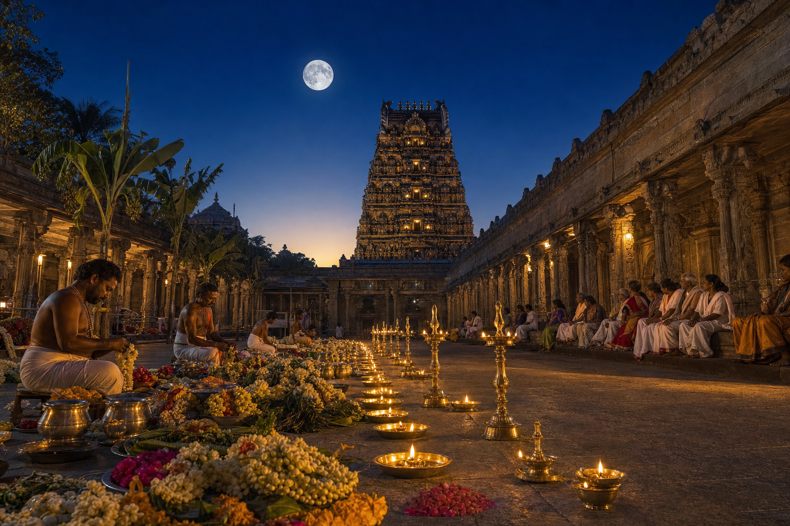 Priests prepare garlands and lamps in a temple courtyard under a full moon before dawn as devotees begin to gather.