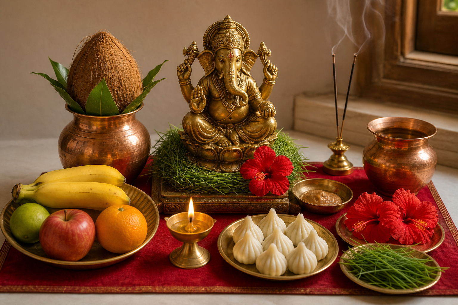 A neatly arranged Ganesha altar with a brass murti, durva grass, hibiscus, diya, incense, fruit, coconut, water, and modaks.
