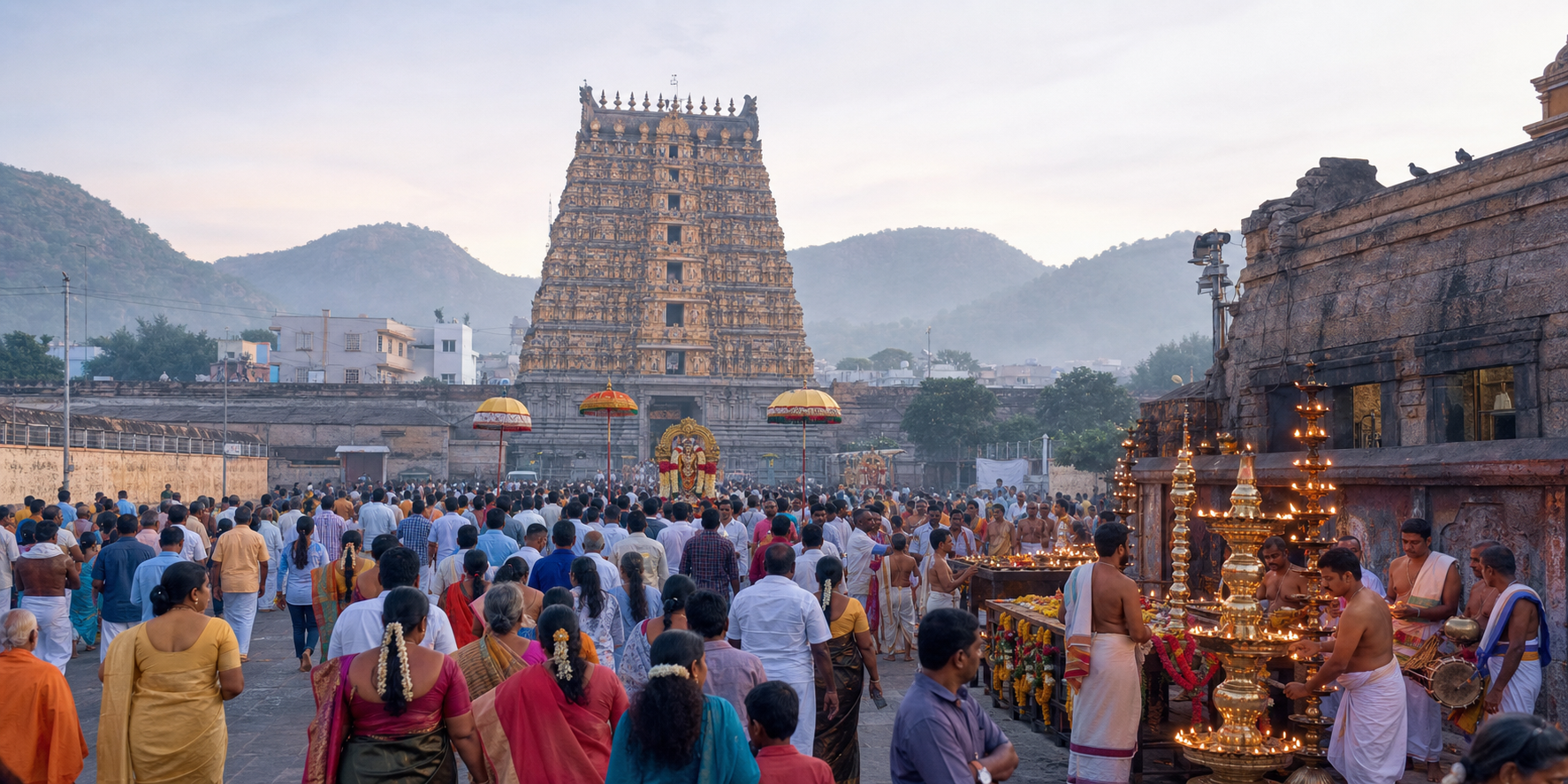 Pilgrims approach a flower-decorated South Indian temple festival procession at dawn with the Eastern Ghats in the background.