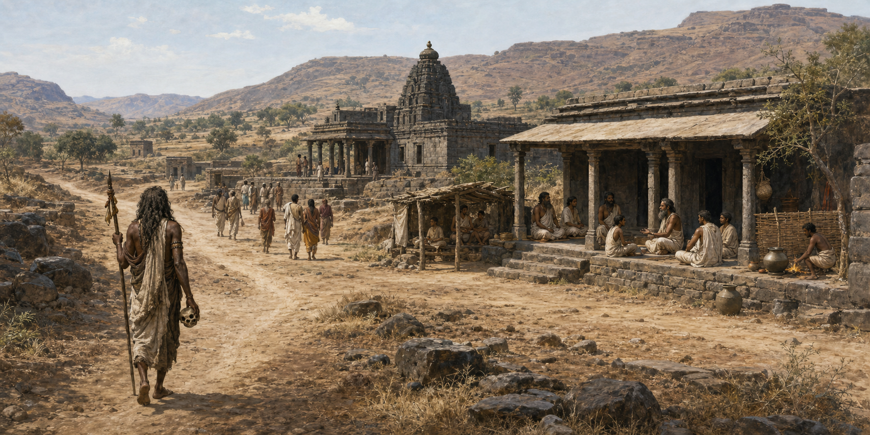 An early medieval temple and monastic residence with teachers and students stands near a road traveled by a solitary skull-bearing ascetic.