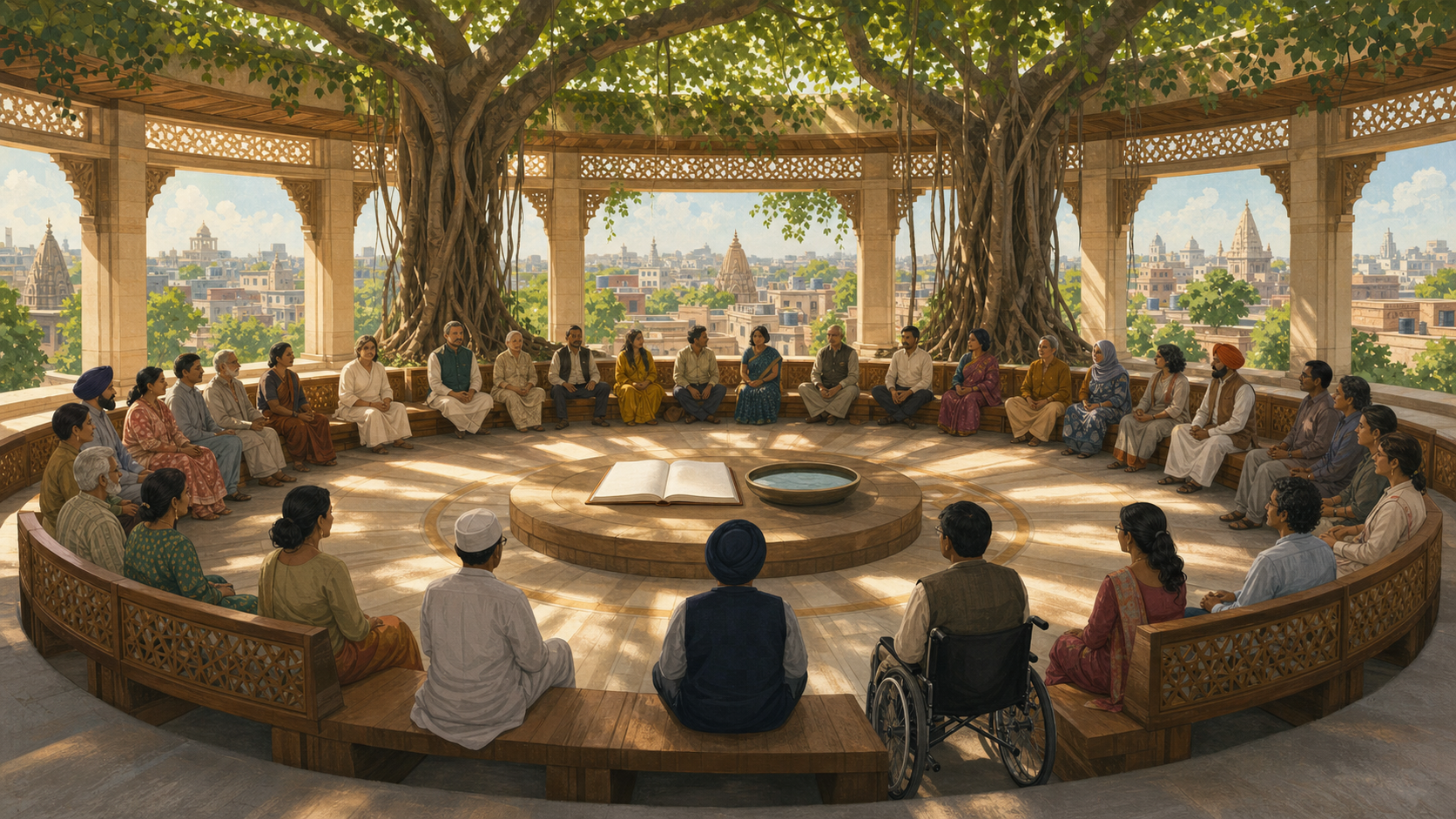 A diverse group of Indian citizens sits in a circular sandstone forum beneath a banyan canopy around a blank open book and a level bowl of water.