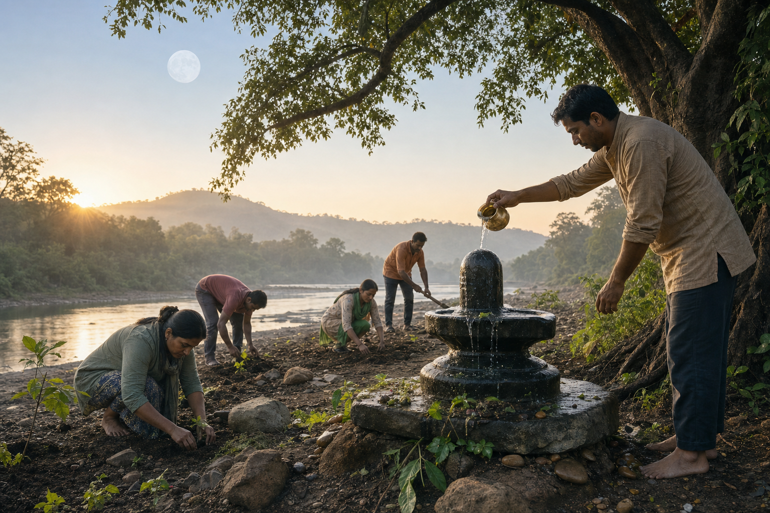 A devotee offers water at an outdoor Shiva linga while other people plant saplings along a riverbank at sunrise.