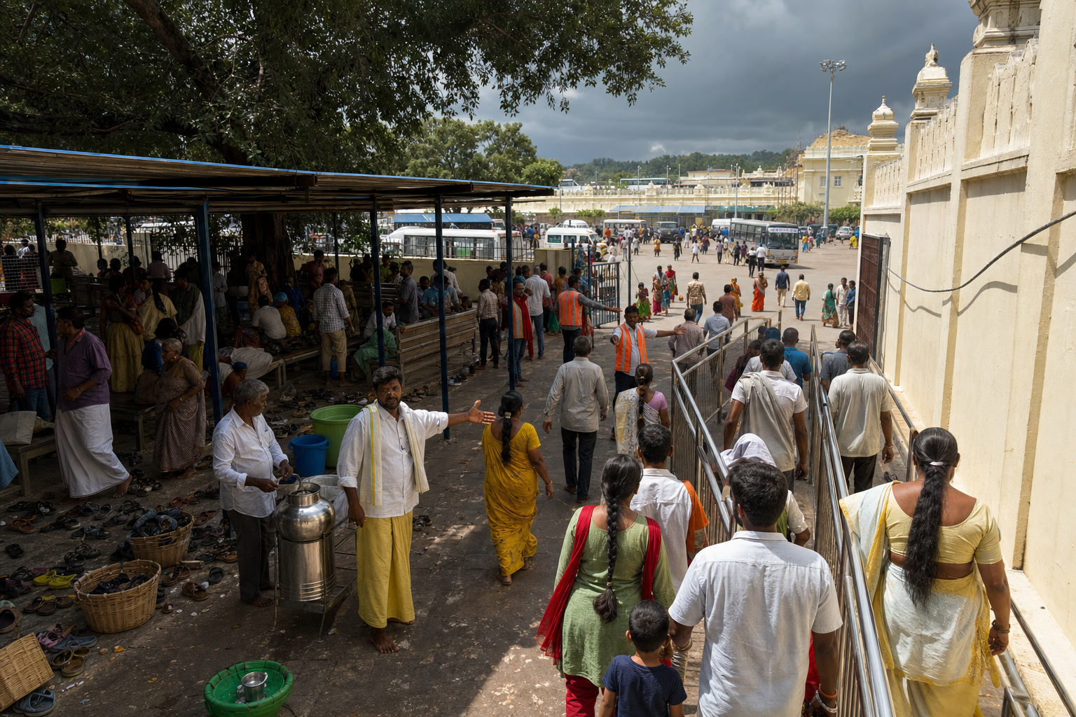 Pilgrims use a shaded side lane beside a barricaded festival route while volunteers guide the crowd under gathering rain clouds.