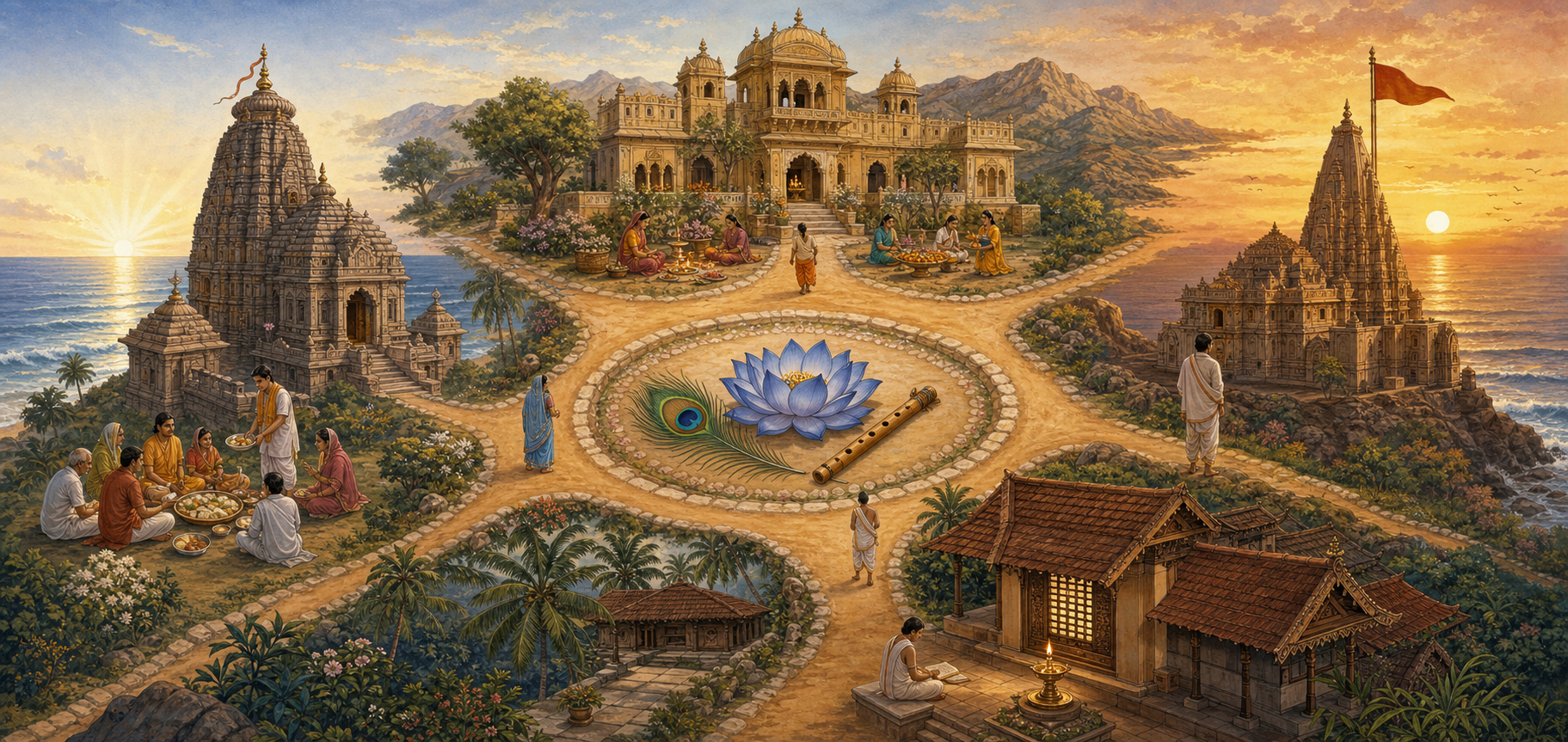 Conceptual four-direction pilgrimage landscape with Krishna's flute, peacock feather, and blue lotus at the center, surrounded by temple settings inspired by Puri, Dwarka, Nathdwara, and Udupi.