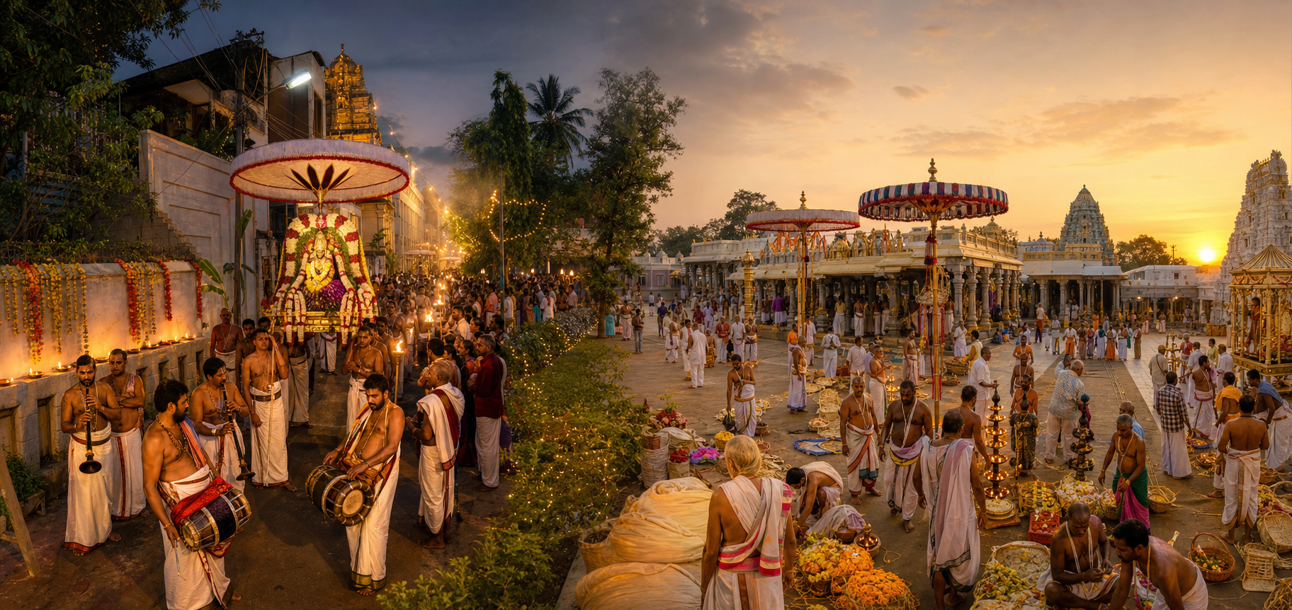 A compact neighborhood temple procession is contrasted with a larger Brahmotsavam gathering in a spacious temple courtyard.