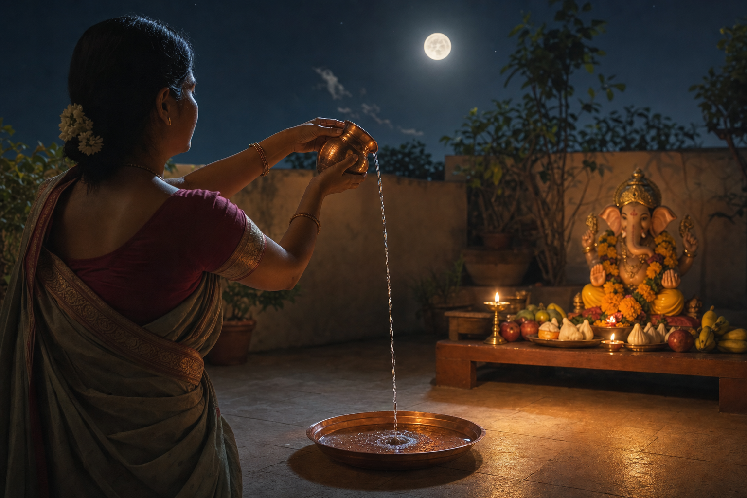 A devotee offers water to the risen moon while a lit Ganesha altar and fasting foods remain prepared in the courtyard.