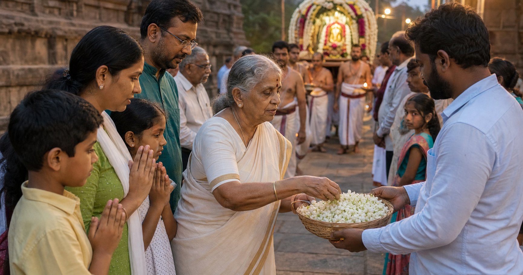 A family prays and offers jasmine flowers as a temple procession passes nearby in warm evening light.