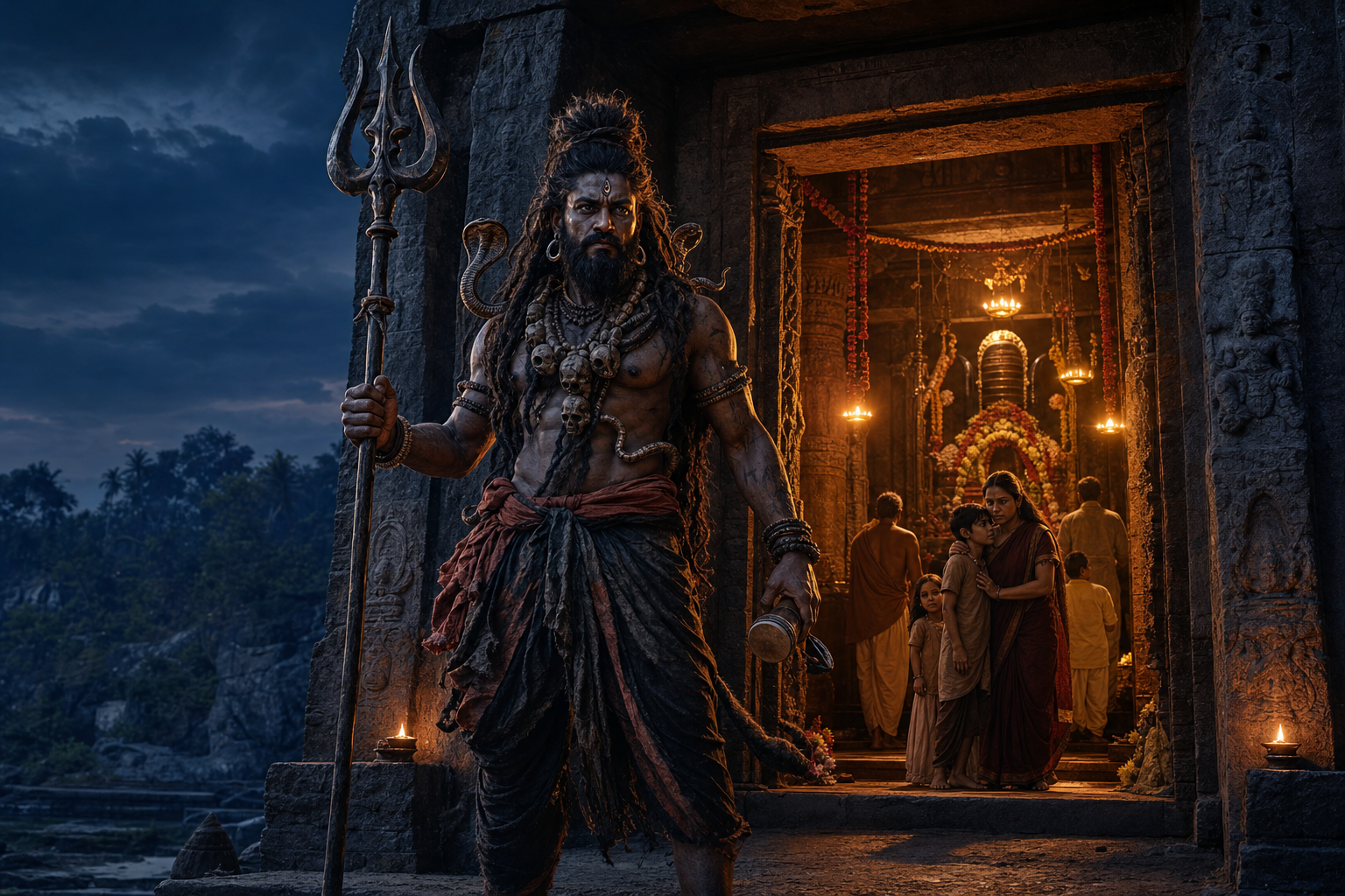 A fierce Shaiva guardian with matted hair, trident, serpents, and skull ornaments stands at a lamplit temple entrance protecting worshippers inside.