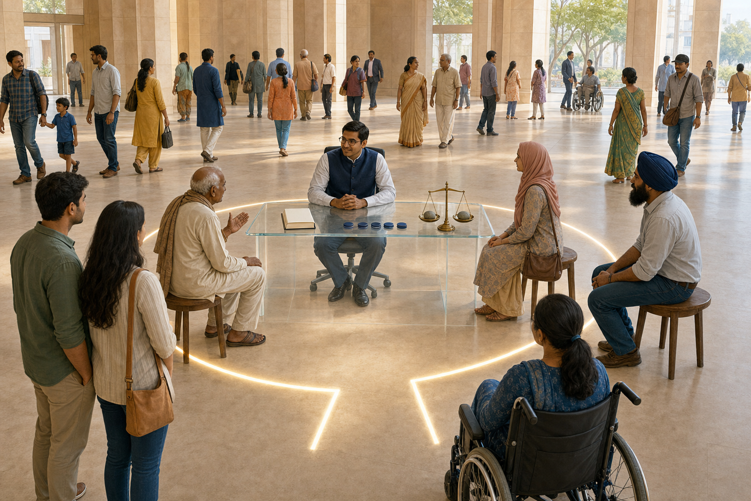 A public official serves a diverse group of citizens from an unmarked desk enclosed by a luminous boundary line, with a blank book and balanced stones nearby.