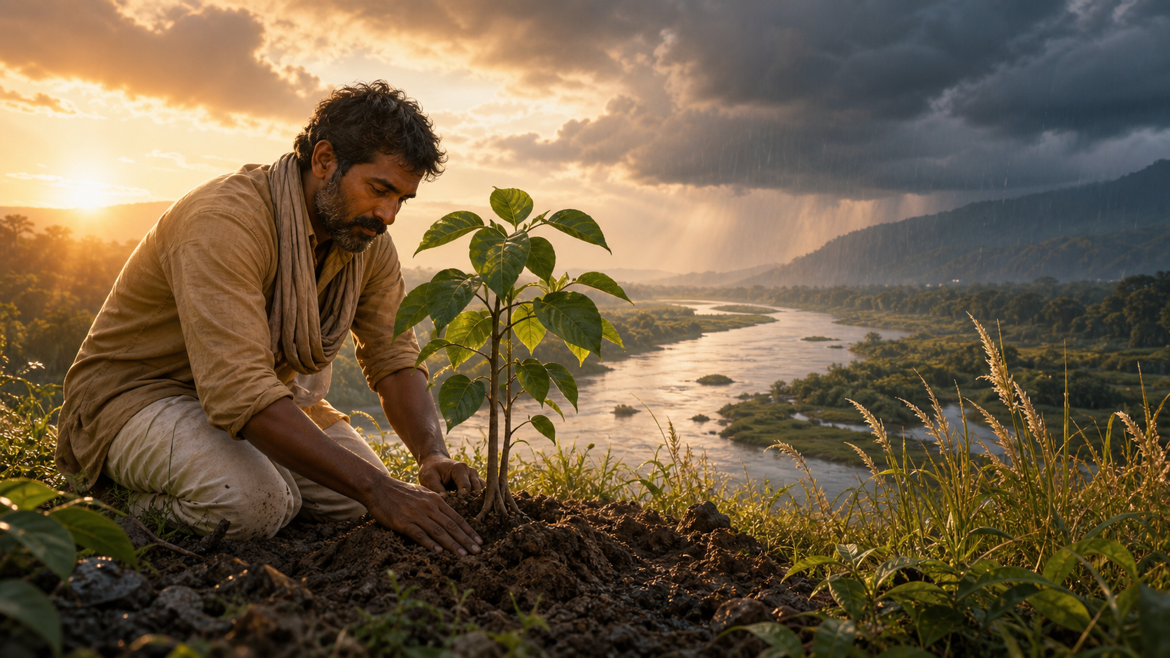 A gardener plants a young banyan sapling beside a river as rain and sunlight pass over the distant landscape.