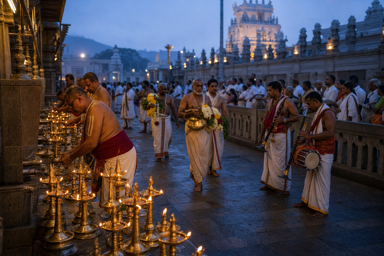 Priests, attendants, musicians, and waiting pilgrims prepare for a pre-dawn ritual sequence in a South Indian temple courtyard.
