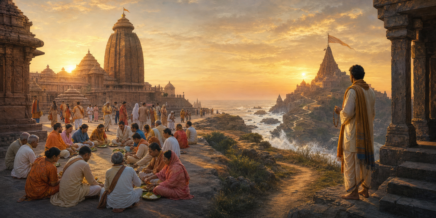 A paired devotional scene showing pilgrims sharing blessed food near an Odisha-style temple at sunrise and a pilgrim reflecting outside a coastal Gujarat temple at sunset.