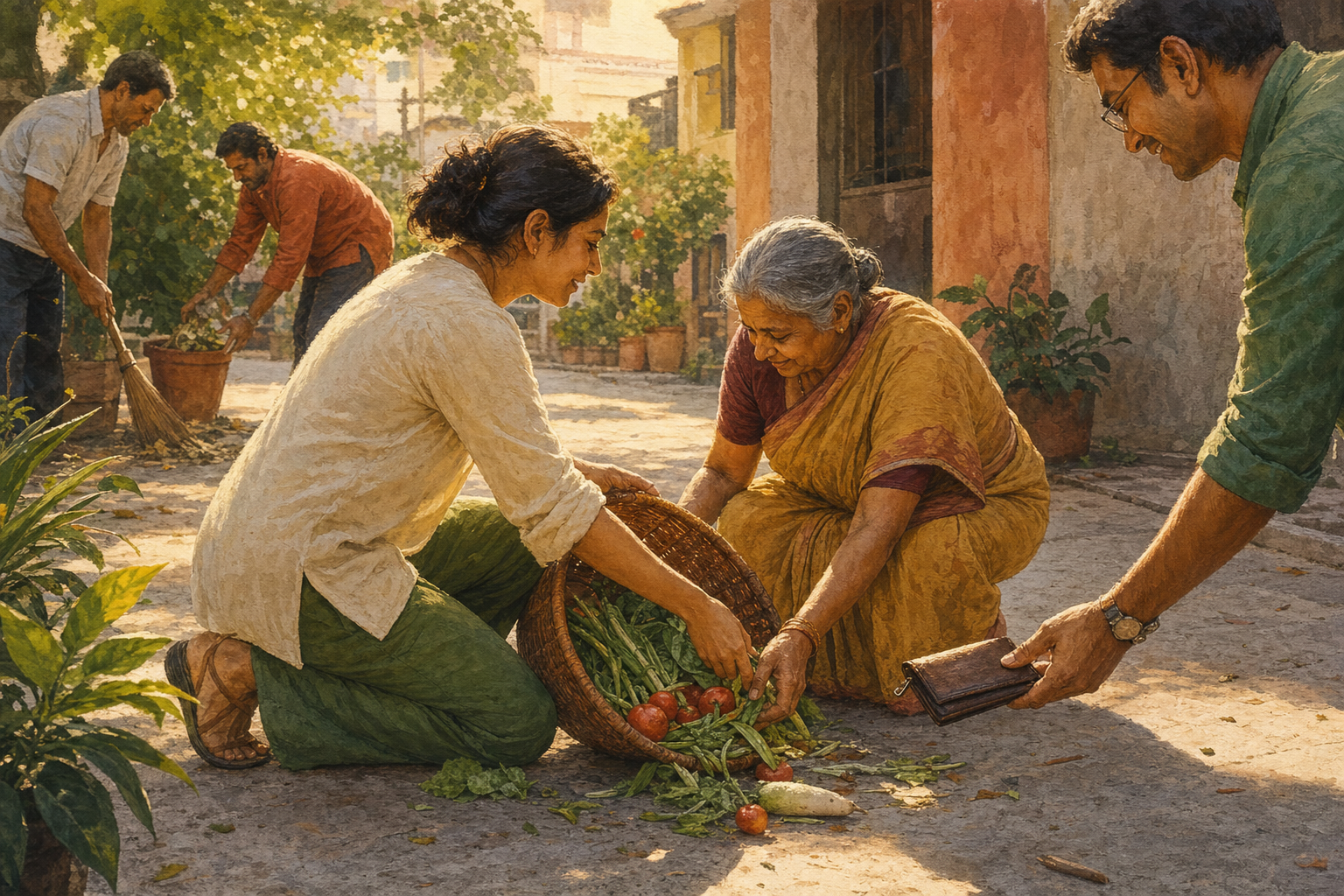 People in a courtyard help an older adult gather spilled vegetables and return a dropped wallet.