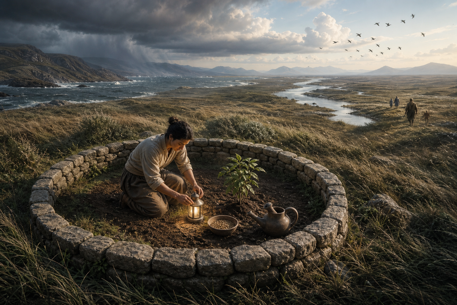 A person tends plants and a lamp inside a circular stone garden while wind, birds, a river, and changing weather fill the landscape beyond it.