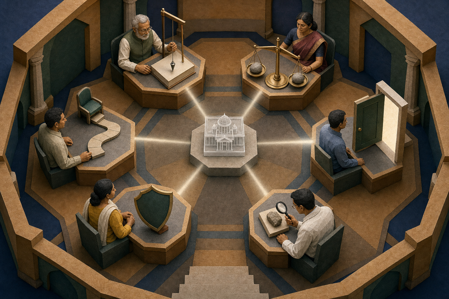 Six people at separate inspection stations examine a transparent civic-building model with a plumb line, balance, doorway, lens, shield, and appeal path.