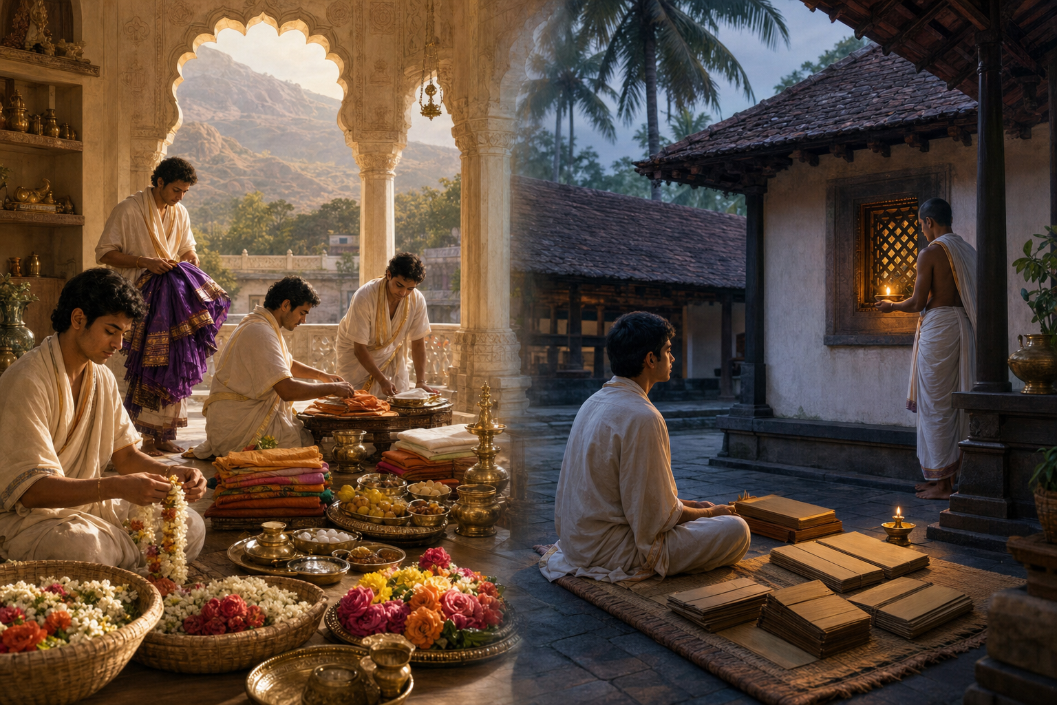Temple attendants prepare flowers, garments, vessels, and food in a Rajasthan-inspired haveli setting beside a devotee studying in a coastal Karnataka temple courtyard.
