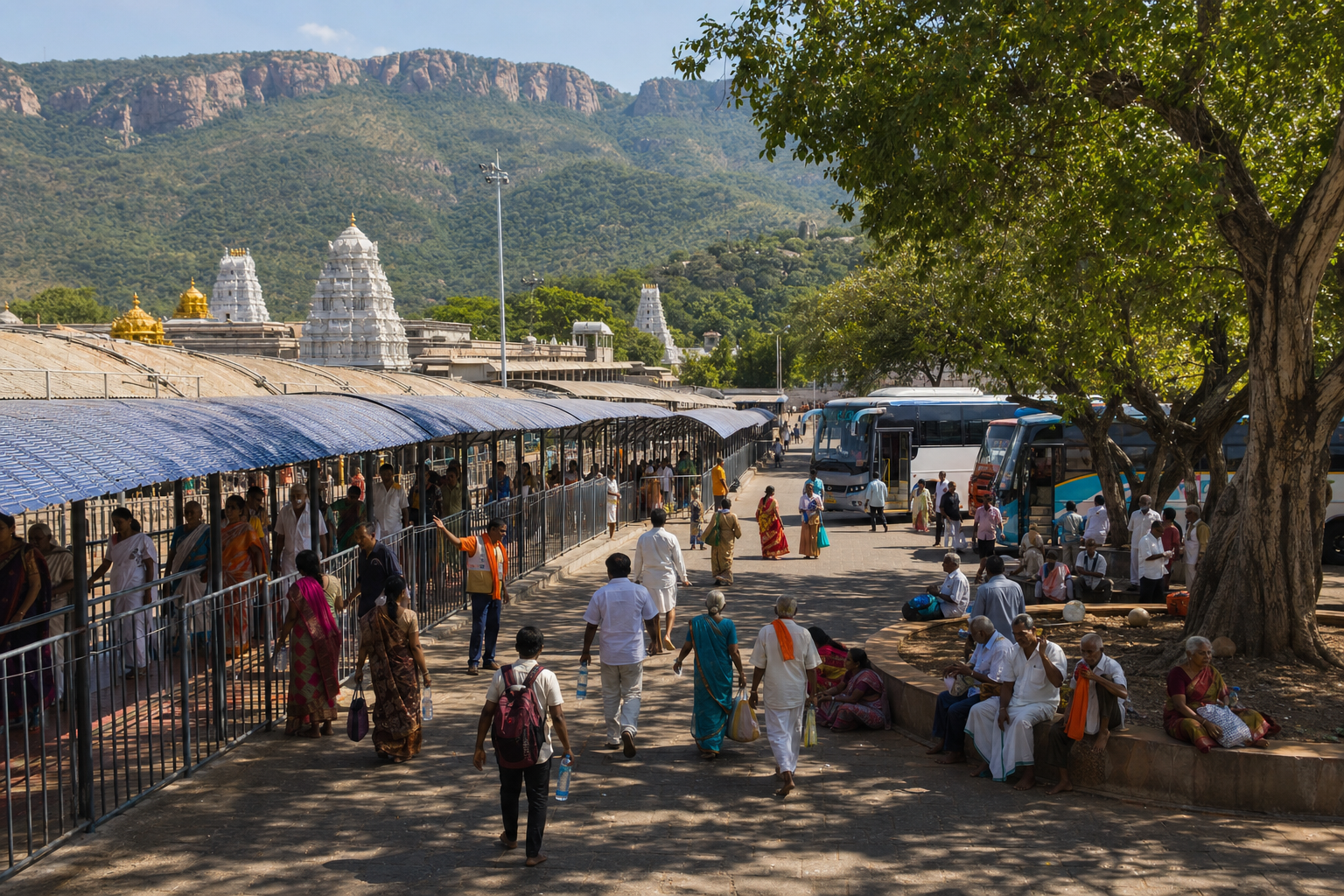 Pilgrims travel between a temple, shaded queue, bus area, and rest point during a hot day near the Eastern Ghats.