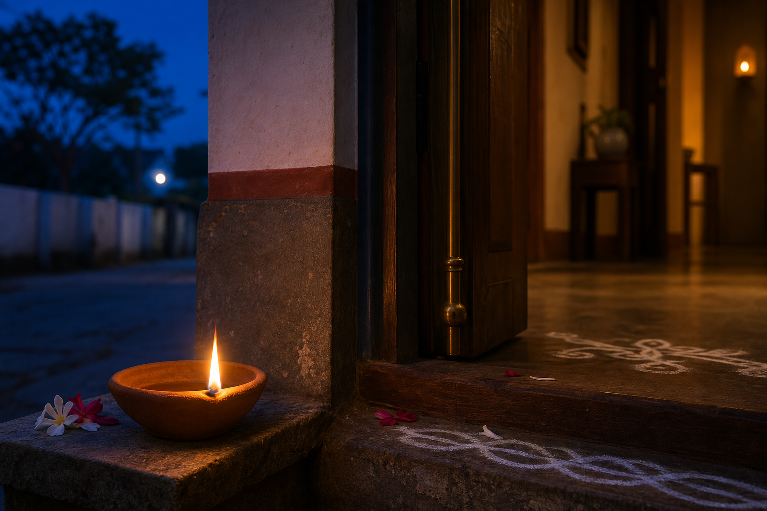 A clay oil lamp glows beside an open home doorway, casting warm light across both the interior floor and the path outside.