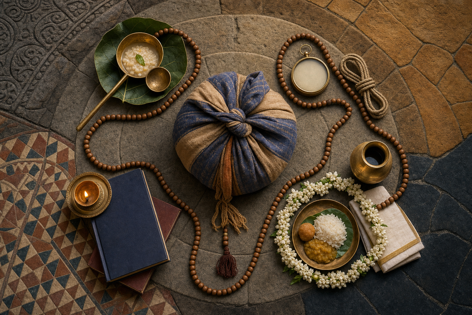 Overhead still life of pilgrimage objects linked by one strand of prayer beads, including a leaf bowl, compass, flower garlands, brass vessels, oil lamp, and closed books.
