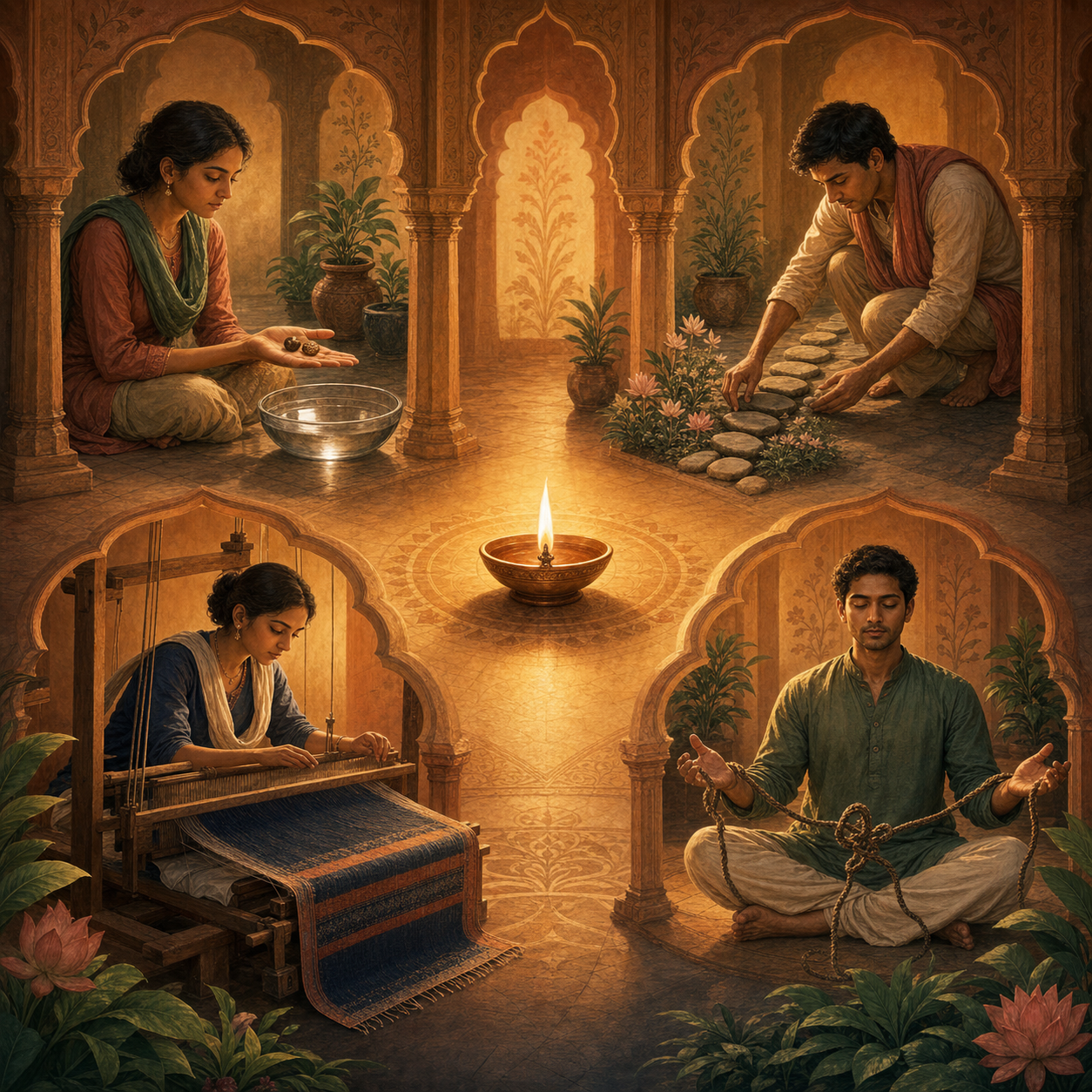 Four people around a central lamp examine seeds, arrange stepping stones, work at a loom, and release a knotted cord from open hands.