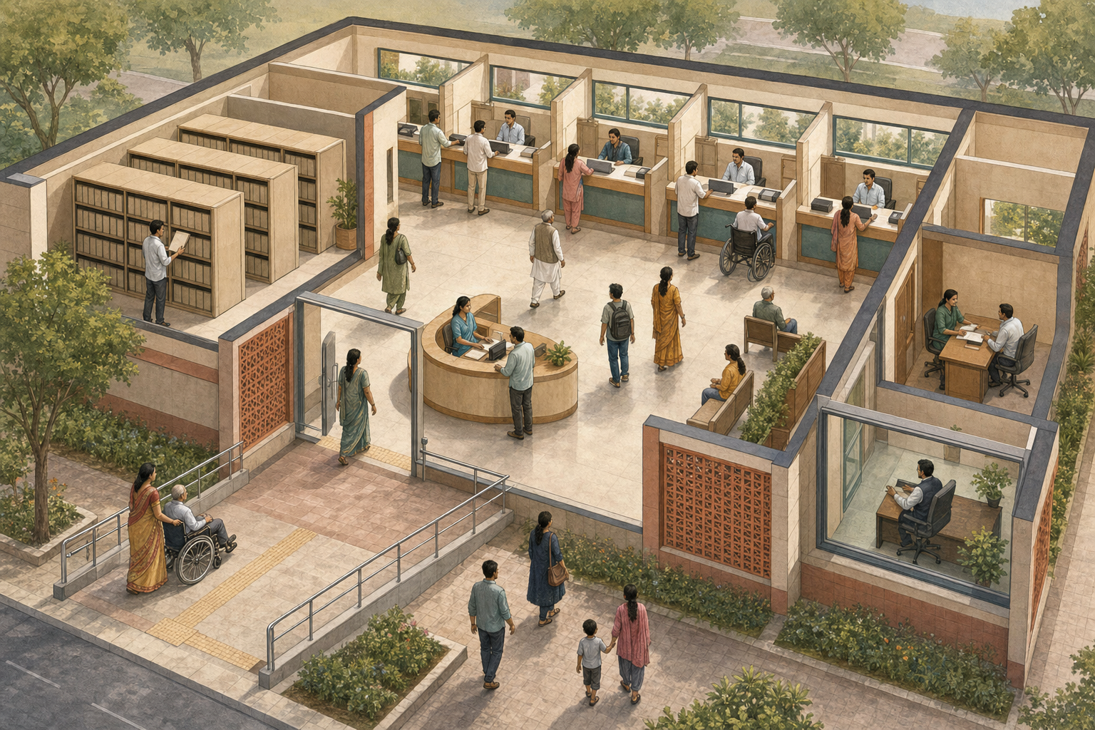 A cutaway view of a transparent public service center shows an accessible entrance, shared counters, records storage, a grievance room, and a separate oversight office.