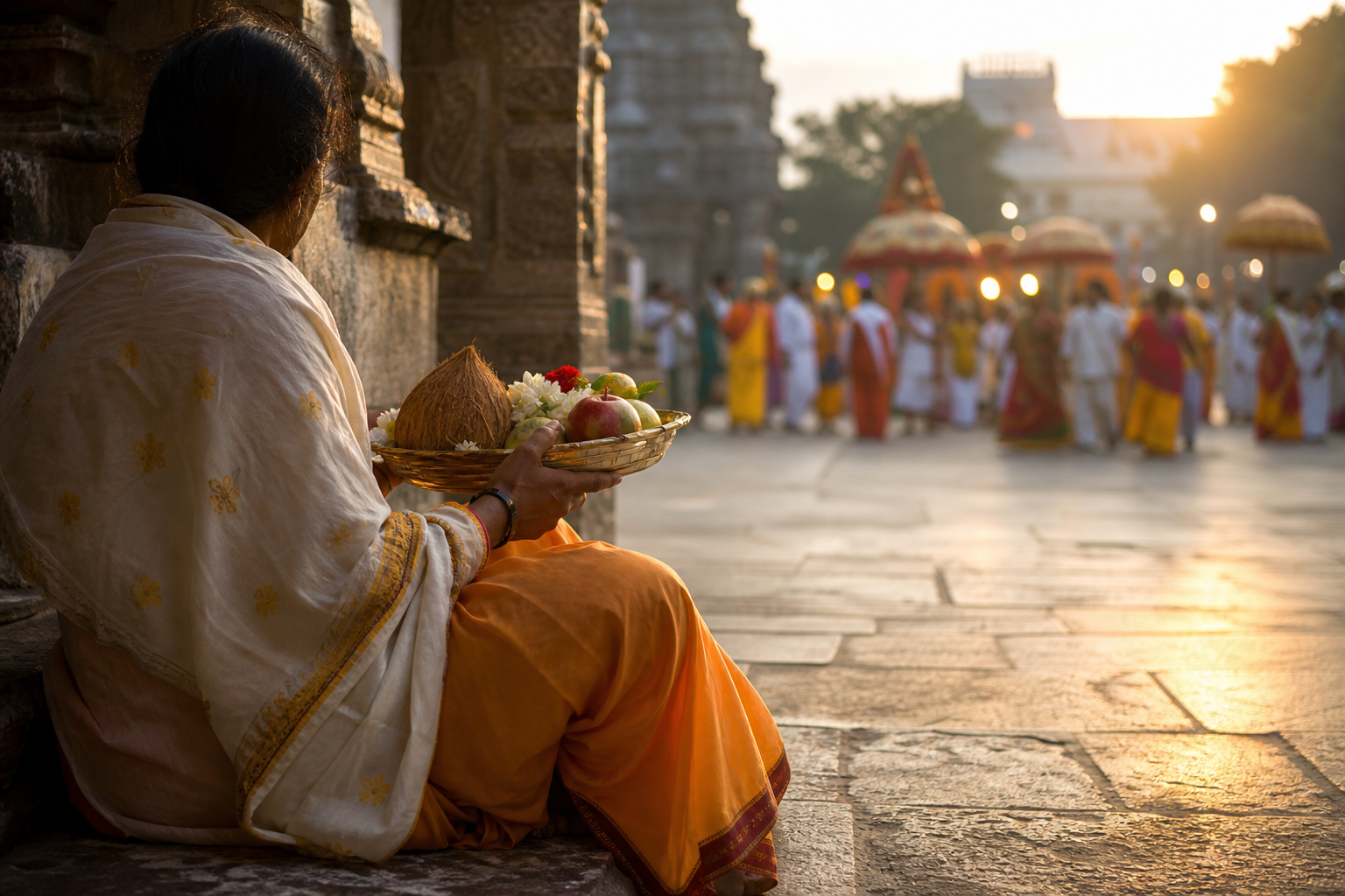 A pilgrim pauses with flowers, fruit, and a coconut offering while a temple festival procession passes in the distance.