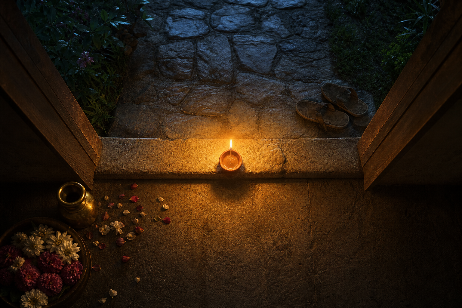 An overhead view of a diya at a doorway shows its light spreading toward a prayer space inside and a garden path outside.