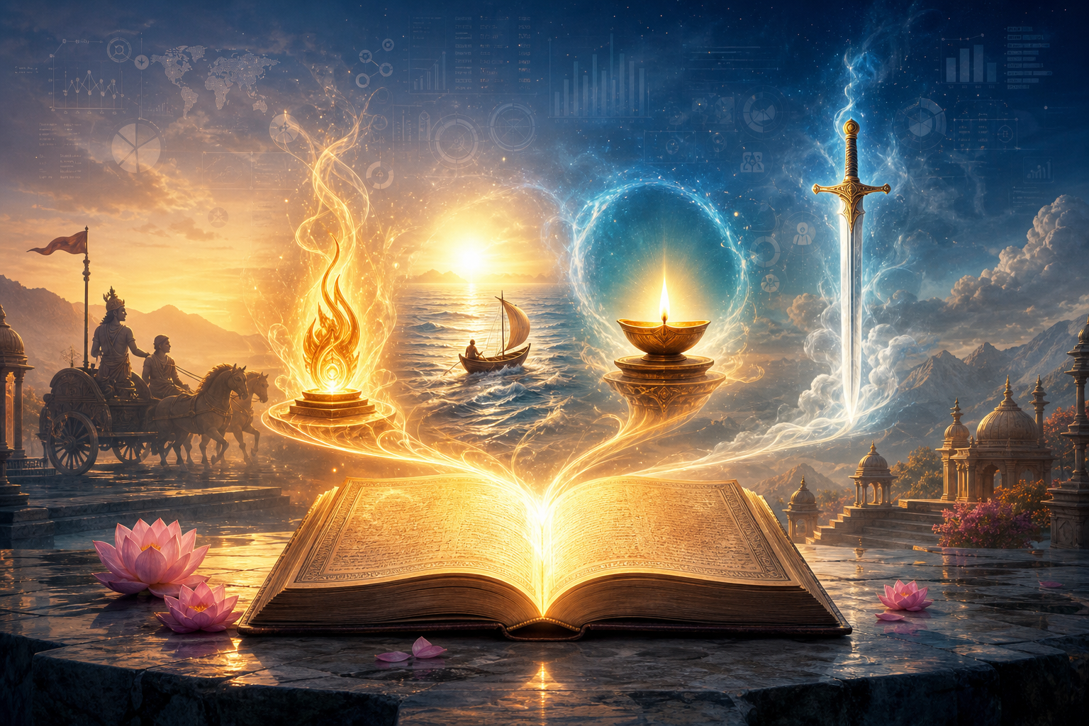 Open Bhagavad Gita glowing at dawn with symbols of flame, boat, oil lamp, and sword of wisdom.