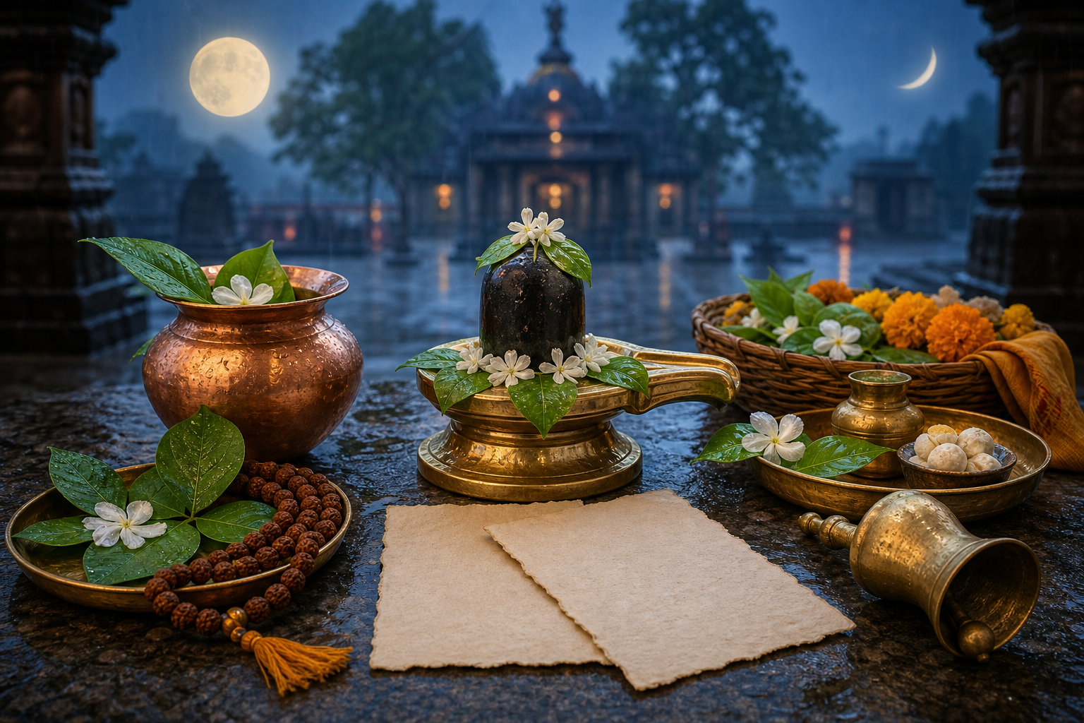 A Shiva lingam with bilva leaves, flowers, a copper vessel and lunar motifs arranged in a monsoon-lit devotional setting.