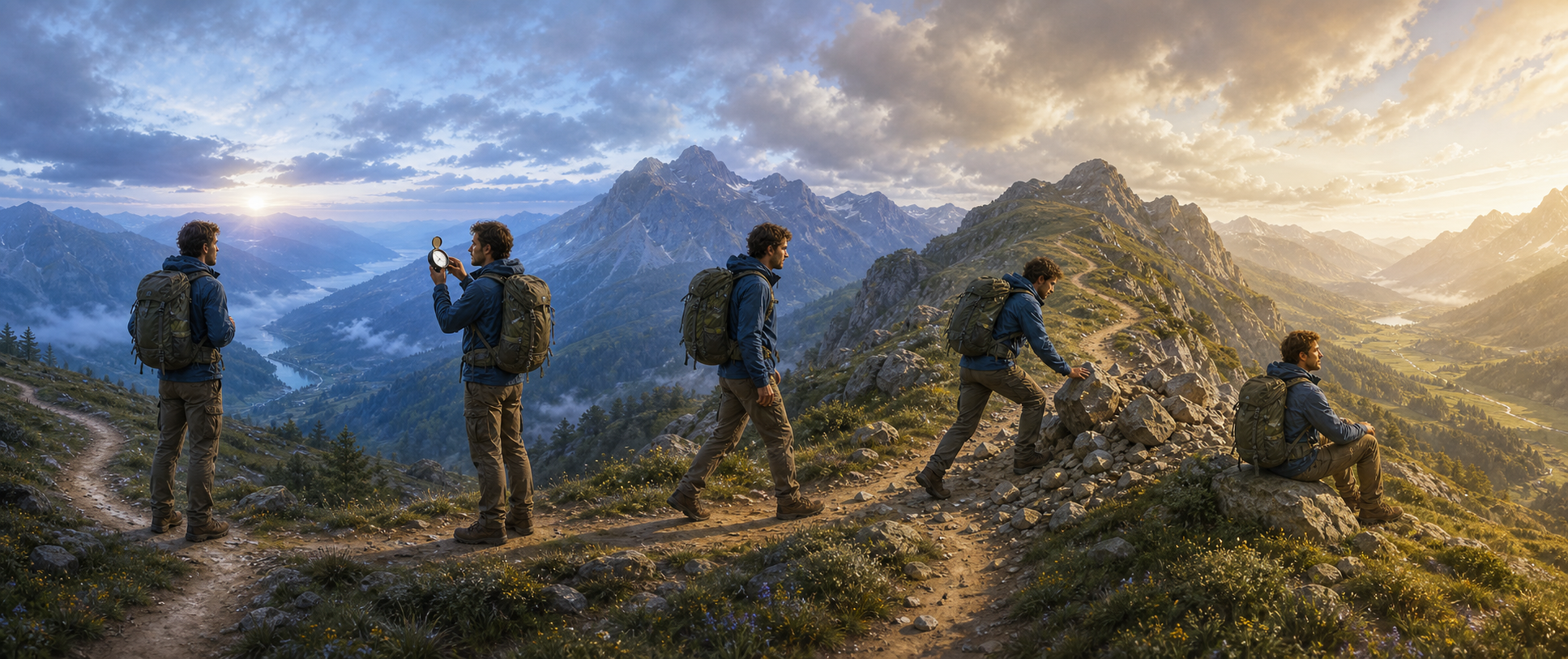 The same traveler pauses at a fork, checks a compass, follows a mountain path, detours around fallen rocks, and rests overlooking a valley.