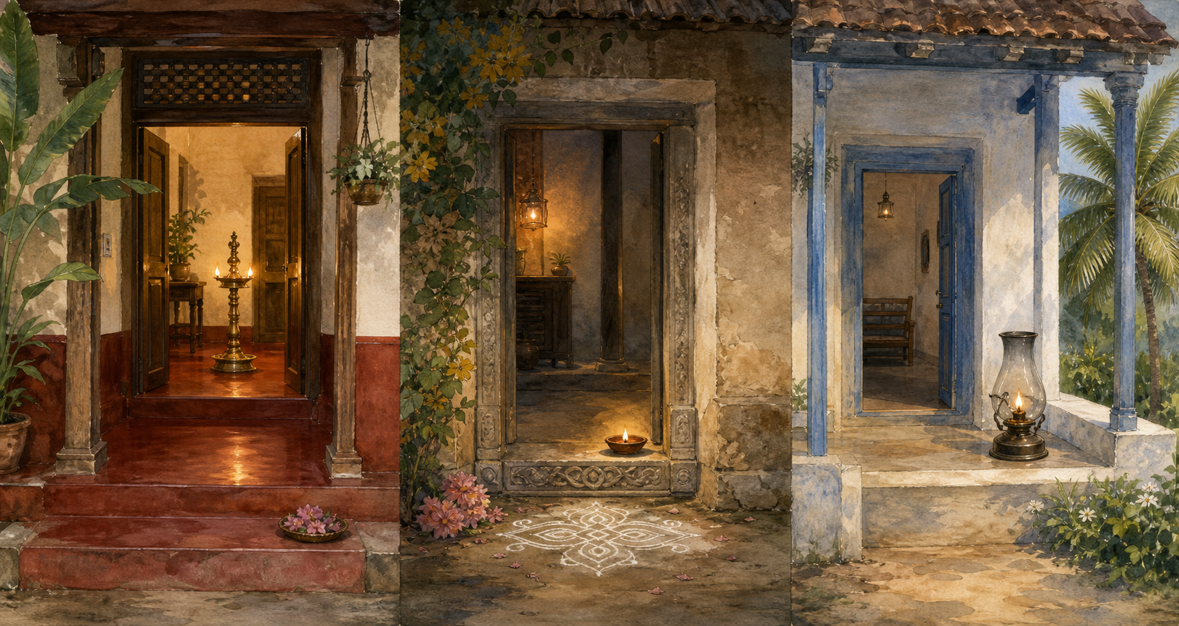 Three illustrated Indian home entrances show different doorway materials, floor decorations, and traditional oil-lamp forms.