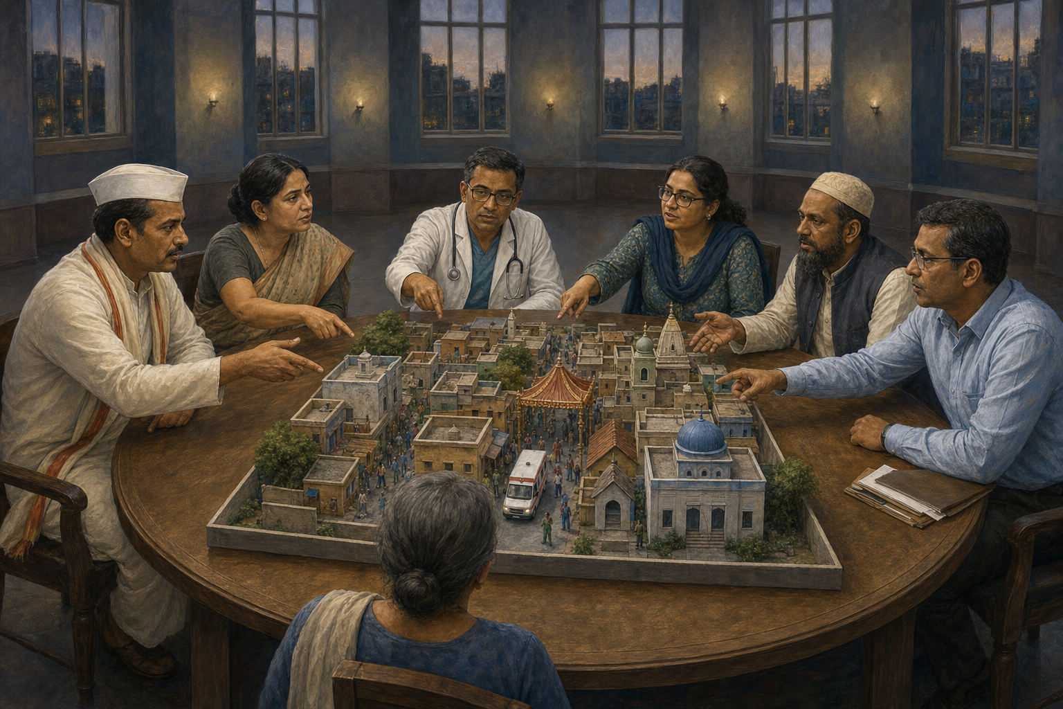 Six participants at a round public-hearing table examine a neighborhood model containing homes, worship buildings, a clinic, a ceremonial canopy, and an emergency vehicle.